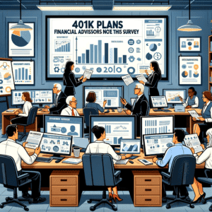 investment traders watching 401K Plans presentation on a big screen monitor