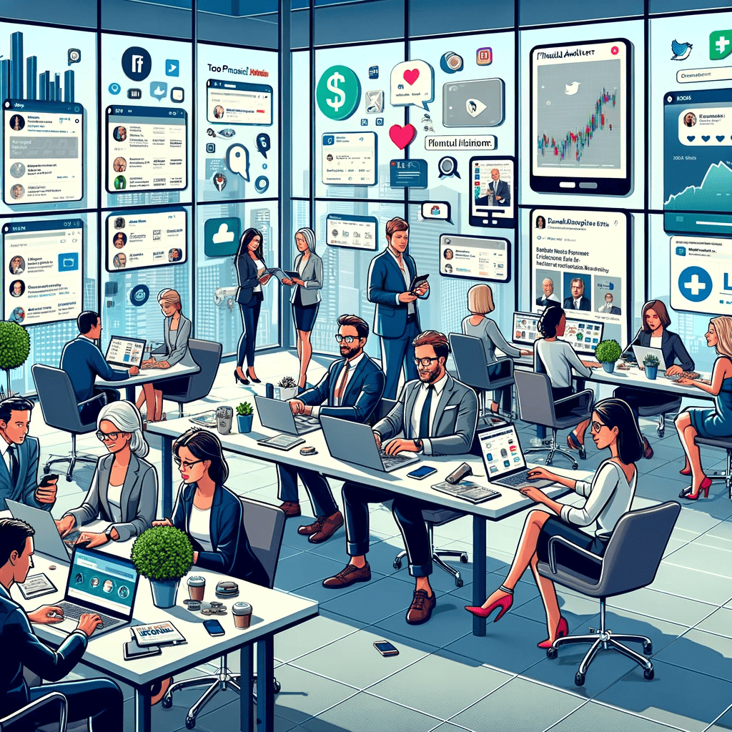 Financial advisors in an office promoting their products on social media