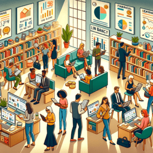Cartoon characters in a library reading books about investing and finance