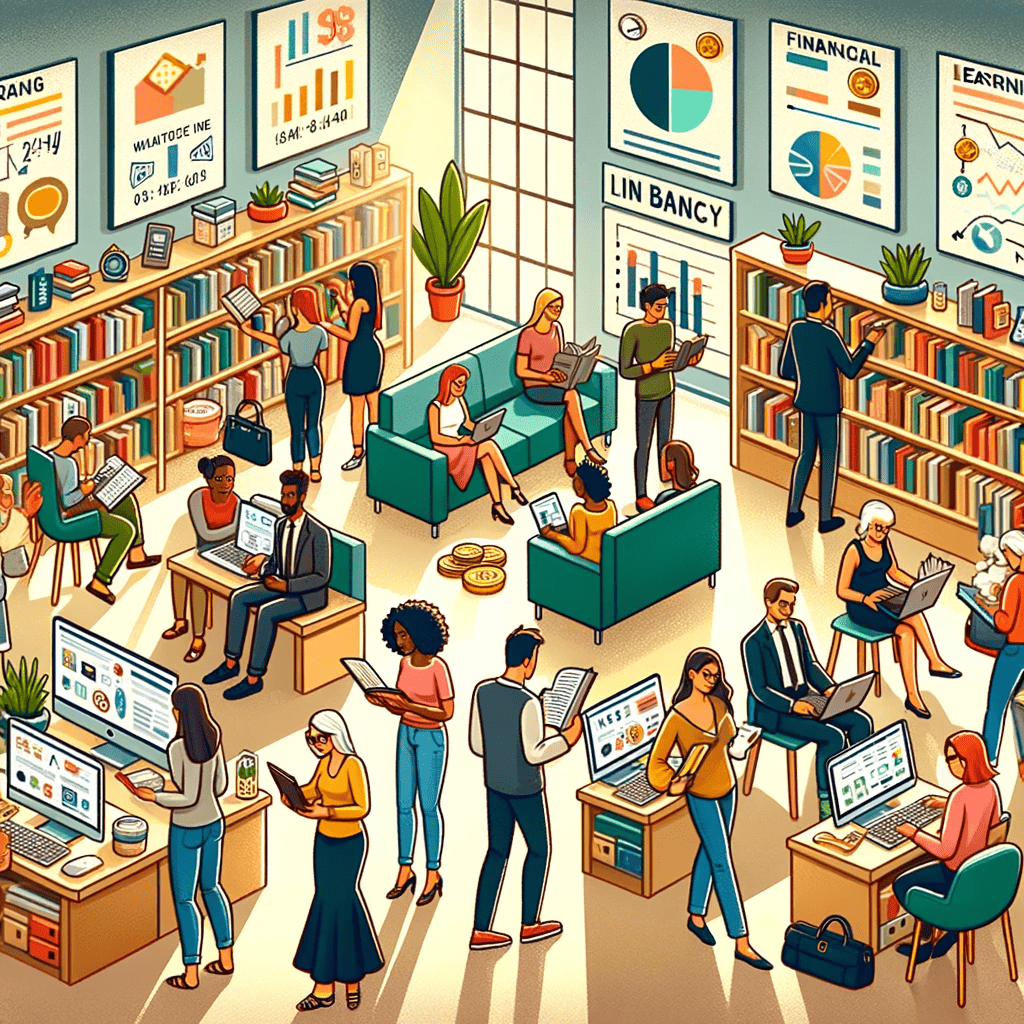 Cartoon characters in a library reading books about investing and finance