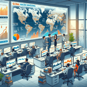 Traders discussing global macro investing in front of a map of the world